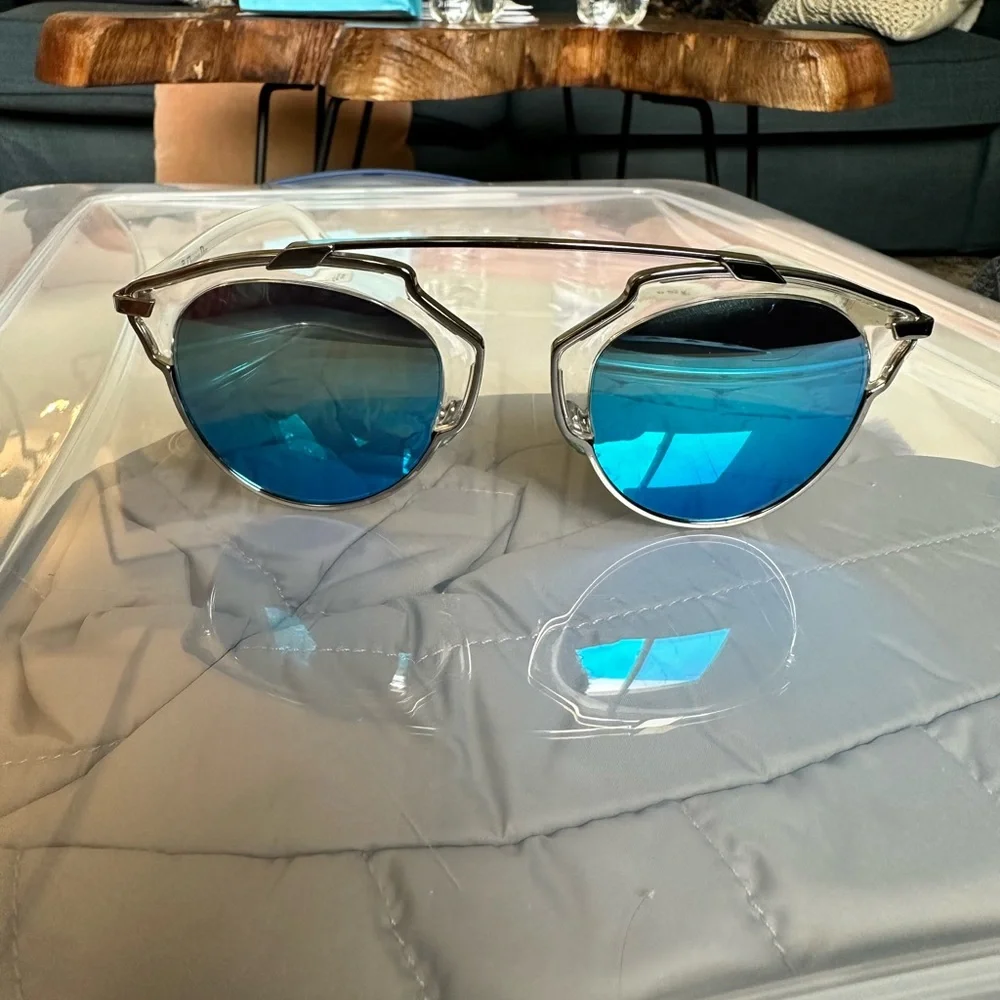 Dior Clear Frame Sunglasses with Blue Mirrored Lenses